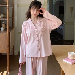 대박 고품질 잠옷 여자 섬 융 가을 겨울 카디건 부드러운 긴 소매 긴 바지