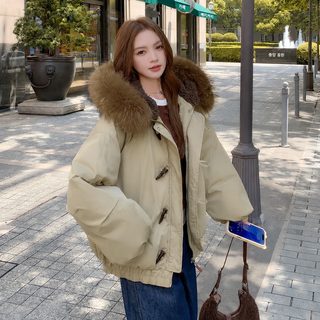 미국식 빈티지 털넥 후드 면복 외투 여성복 겨울 2025년 신형 소뿔 단추 두께 보온 면옷