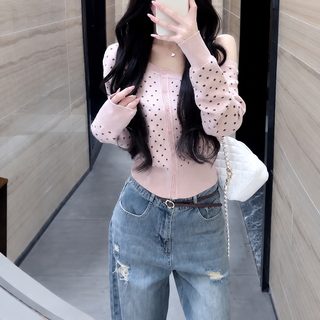 긴 소매 비스듬한 어깨 니트 카디건녀 2025 올가을 신상 분위기감 슬림핏 캐