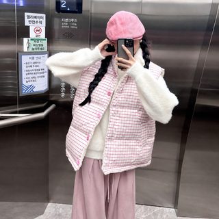 체크무늬 양면 스웨이드 조끼 2025 면복 외투 여자 나른한 나른한 바람 독특