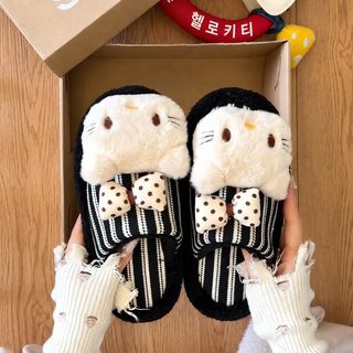 귀여운 호피무늬 리본 고양이 털털 슬리퍼 여자 2026 가을 겨울 신상 재택 보