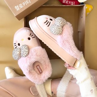 귀여운 캐릭터 레오파드 리본 고양이 털털 슬리퍼 여자 2025 가을겨울 신상