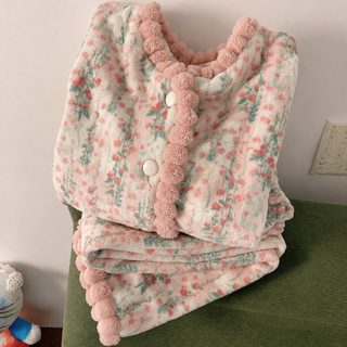 플란넬 잠옷 여자 가을 겨울 상큼하고 달콤한 꽃 산호 털 소녀 두 벌 더운