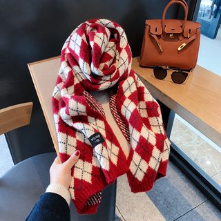 여성 겨울 크리스마스 아가일 체크 니트 머플러 175x28cm 두꺼운 캐시미어 터