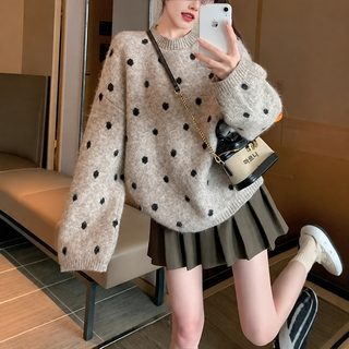 여성 도트 라운드넥 니트 스웨터 2025 가을겨울 루즈핏 긴팔 풀오버 데일리