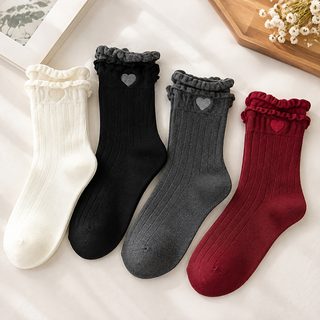아청자 여성 봄가을 면 중목양말 앙카라 레드 하트 자수 이중 시보리 롤업