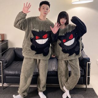 겨울 커플 잠옷 코랄 벨벳 두께 보온 달콤한 만화 2종 세트 라운드 칼라 외
