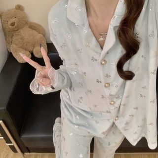 2025년 가을과 겨울 잠옷 여자 섬 벨벳 카디건 터틀넥 긴팔 긴바지 외장 가정