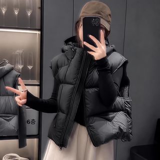 대외무역 베스트셀러 겨울 신상 키작은 패딩 조끼 여자 쇼트 후드 화이트 오리털 조끼 숄더 외투