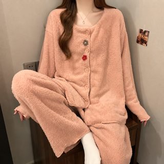 겨울 여성 수면잠옷 극세사 기모 긴팔 상하세트 공주풍 도톰한 보온 홈웨어
