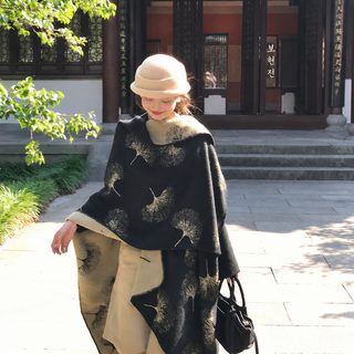 여성 중국풍 은행잎 케이프 숄 캐시미어풍 두꺼운 보온 판초 담요 머플러
