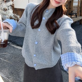여성 반하이넥 니트 가디건 배색 긴팔 단추 아우터 가을 겨울 데일리룩