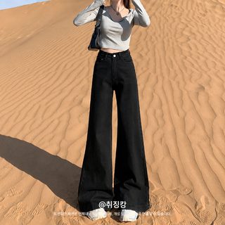 블랙 하이웨이스트 와이드 데님 팬츠 여자 2025 가을 겨울 신상 와이드 슬림해 날씬해 보이며 다리에 붙지 않는 나팔바지