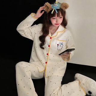 春秋季新款长袖长裤女士睡衣空气棉夹层可爱卡通可外出家居服套装