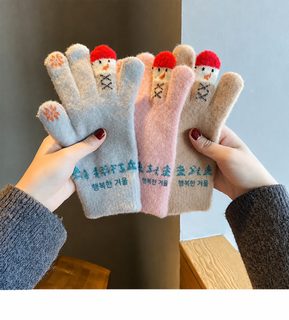 여성 겨울 눈사람 패턴 니트 터치 장갑 방풍 보온 자전거 다섯 손가락 장갑