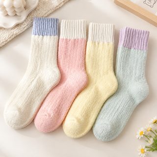 여성 겨울 기모 중목 양말 도톰한 보온 파스텔 배색 루즈핏 삭스