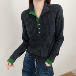 에이징 캐주얼 콤비 칼라 반 오픈 단추 가짜 니트 2벌 2025 가을 신상 날씬해 보이는 세로 구덩이 스웨터