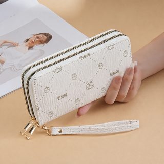 여성 카툰 프린트 빈티지 주름 롱 월렛 더블 지퍼 휴대폰 수납 클러치
