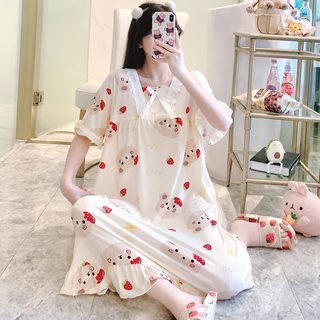 短袖睡衣女夏季连衣裙公主风睡裙日系可爱甜美纯色夏天宽松家居服
