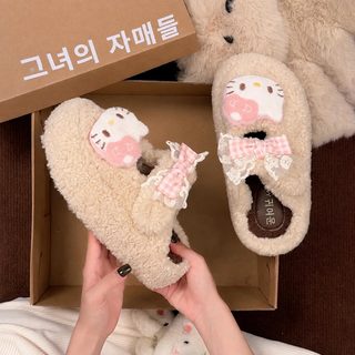 여성 겨울 두꺼운 굽 털안감 고양이 리본 털 슬리퍼 실내외 데일리 방한