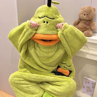 여성 겨울 플란넬 기모 도톰한 캐릭터 긴팔 롱팬츠 일체형 수면잠옷 홈웨어