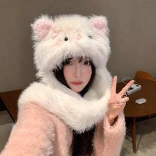 겨울 여성 고양이 귀 털모자 목도리 일체형 방한 방풍 보온 모자