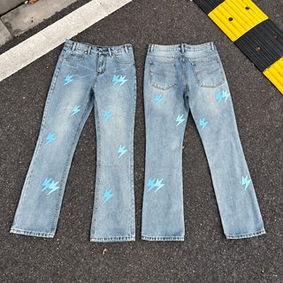 순원 복각 경사 미국식 고가 번개 자수 남색 웨이라 청바지 패션 슬림핏 직