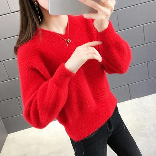 가을 겨울 여성 페이크 밍크 퍼 브이넥 크롭 니트 루즈핏 긴팔 스웨터