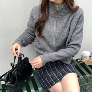 여성 한국풍 더블 지퍼 니트 가디건 라운드넥 루즈핏 겨울 긴팔 스웨터 재