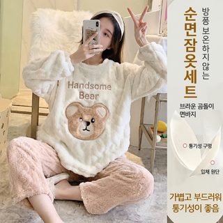 여성 겨울 산호 플리스 수면잠옷 세트 패드 내장 긴팔 보온 파자마