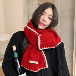 여성 울 혼방 니트 목도리 겨울 보온 숏 머플러 50x50cm 문예 복고 스타일