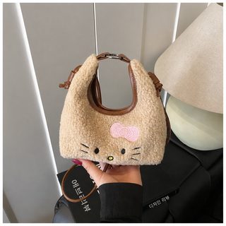 귀여운 가을 겨울 Kitty 고양이 핸드백 양털 손목 가방 체크 가방 만화 출근