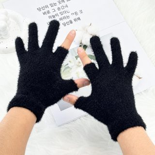 장갑 여자 겨울 기모 이슬 두 손가락 니트 보온 남자 방한 털실 반 손가락 겨울 학생 반 토막 손가락