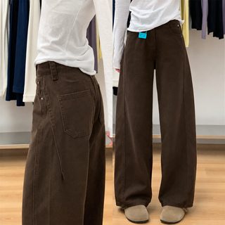 미라드 카색 스트레이트 청바지 여자 가을 겨울 큰 사이즈 여성복 와이드 날씬해 보이다 배 모양 몸매 굽은 칼 와이드 팬츠