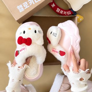귀여운 딸기 리본 고양이 털털 슬리퍼 여자 2026 가을 겨울 신상 패션 백합