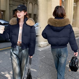 黑色大毛领连帽羽绒棉服女冬季2025新款美式加厚保暖短款棉衣外套