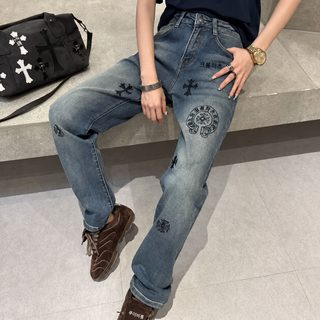 CH 크로 문자 십자가 데님 청바지 남녀공용 하이웨이스트 스트레이트핏 캐