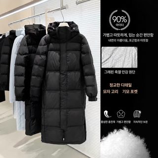 남녀공용 초장기장 오버핏 덕다운 롱패딩 블랙 겨울 방한 커플 후드 점퍼