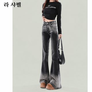 여성 그라데이션 하이웨이스트 미드 플레어 데님 팬츠 블랙그레이 슬림핏