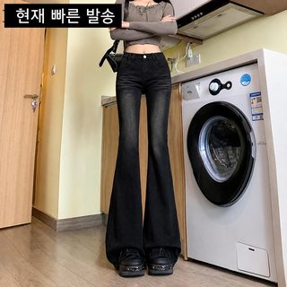 아메리칸 블랙 날씬해 보이는 하이웨스트 마이크로 플레어 청바지 여자 2025 겨울 신상 스판 슬림 트레일러 팬츠