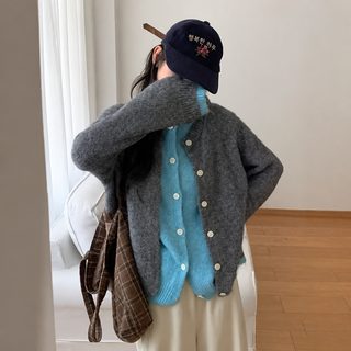 리와이 한스타일 페이크 레이어드 배색 니트 가디건 가을 겨울 루즈핏 캠퍼