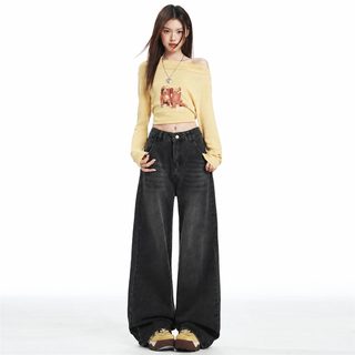 아메리칸 빈티지 기모 블랙 와이드 데님 팬츠 여자 가을 겨울 두꺼운 하이웨스트 와이드 슬랙스 날씬해 보이고 작은 키 스트레이트 팬츠