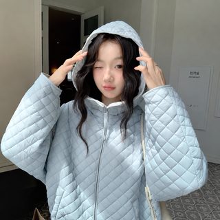 kumikumi 여성 겨울 다이아 퀼팅 후드 솜패딩 루즈핏 긴팔 캐주얼 점퍼
