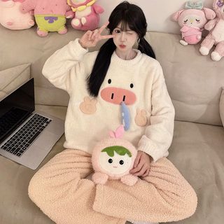 여성 겨울 산호털 플란넬 기모 잠옷 세트 보온 홈웨어 외출복