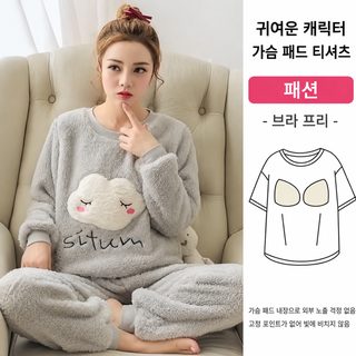 가슴 패드가 달린 달콤한 잠옷 여성 세트 가을 겨울 산호모 보온 소녀 모모