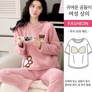가슴 패드 가을 겨울 기모 플란넬 큰 포켓 만화 달콤 가비 확대 산호 기모 가정복 세트