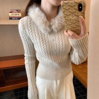 리와이 여성 가을 겨울 슬림핏 니트 스웨터 탈부착 퍼 칼라 긴팔 풀오버
