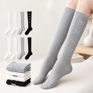 아청자 여성용 코튼 종아리 양말 얇은 사계절 미압박 슬림핏 리본 롱삭스