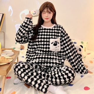 여성 겨울 보온 산호벨벳 긴팔 긴바지 홈웨어 파자마 세트
