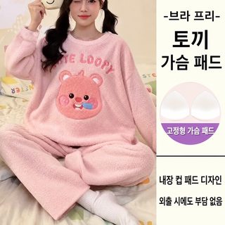 가슴 패드 가을 겨울 코랄 기모 두께 기모 플란넬 가정복 소녀 겨울 귀엽다 외장 세트